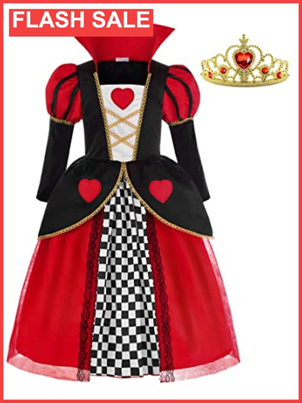 Girls Queen Costume Dress with Crown Puff Sleeves Lace Cosplay